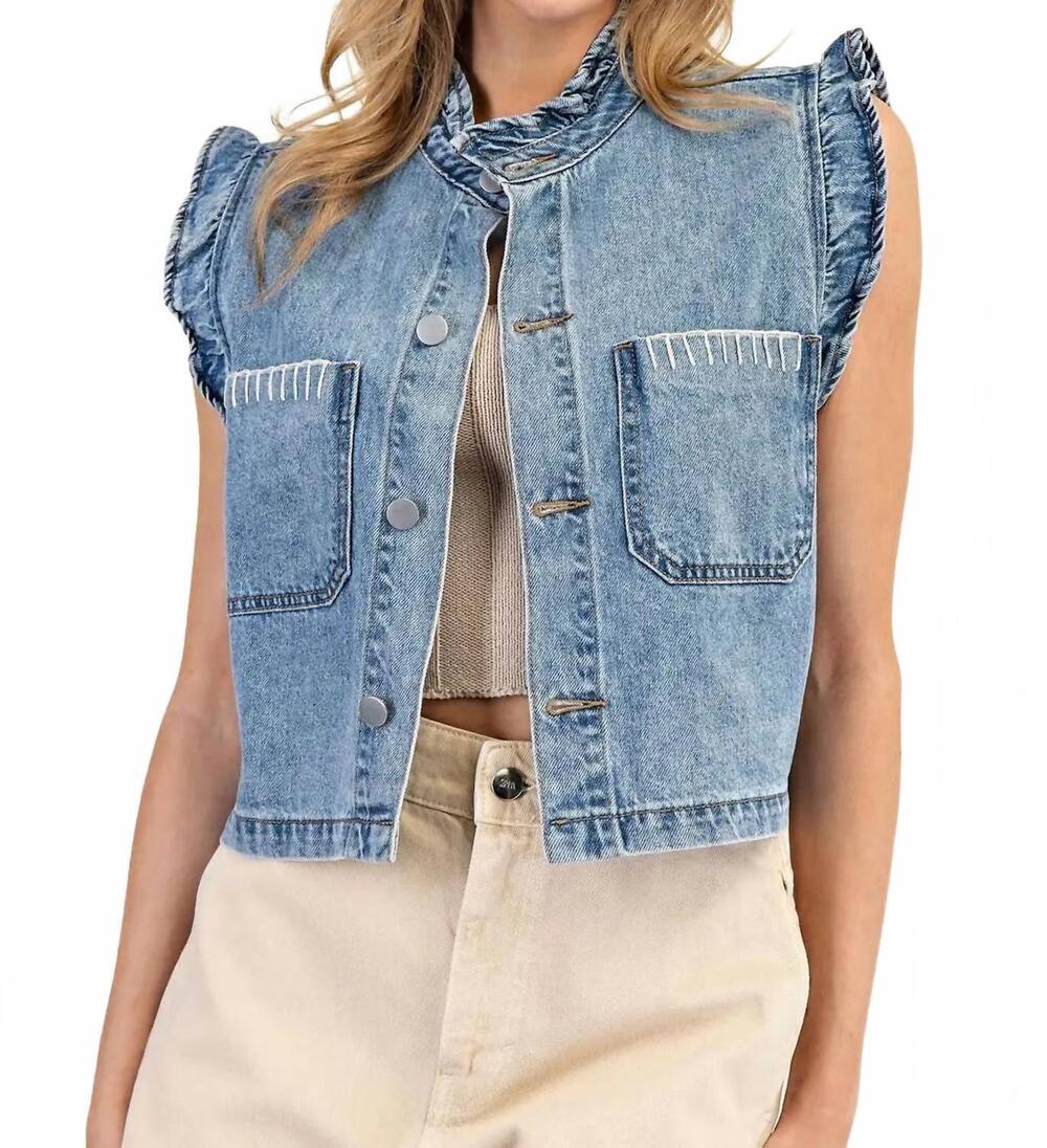 NEW EE:SOME denim ruffle stitch vest in blue